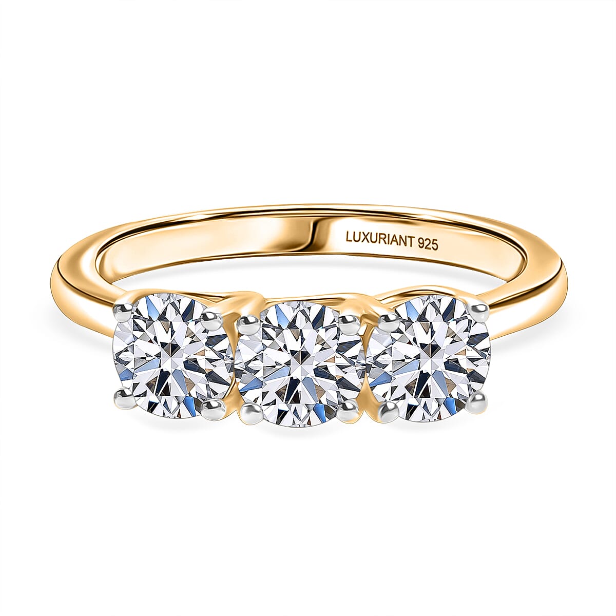 Luxuriant SI-G-H Lab Grown Diamond 3 Stone Ring in 18K Vermeil Yellow Gold Plated Sterling Silver 1.55 Ct.