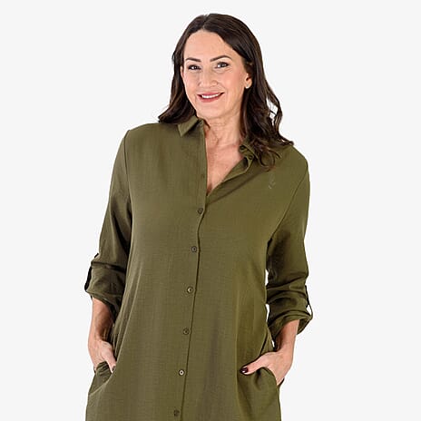 Anamor Solid Color Shirt Dress (Size L-XL) - Olive