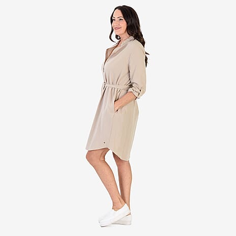 Anamor Solid Color Shirt Dress (Size S-M) - Beige
