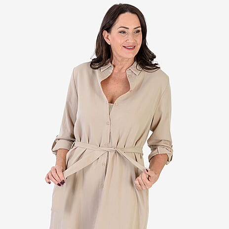 Anamor Solid Color Shirt Dress (Size L-XL) - Beige