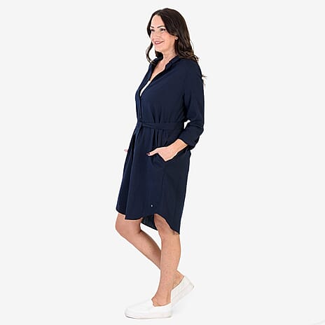 Anamor Solid Color Shirt Dress (Size XXL) - Navy