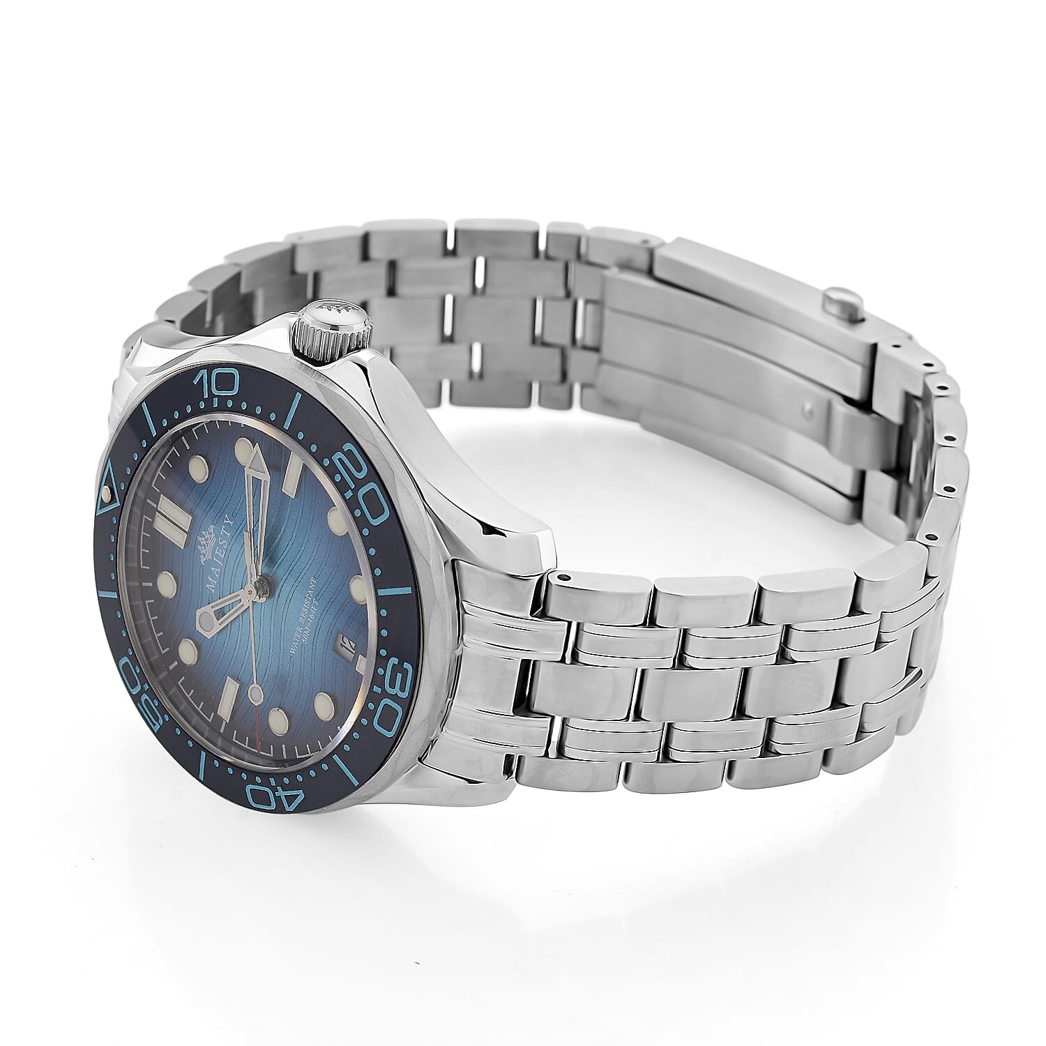 MAJESTY Diver Automatic Mechanical Miyota 8215 5ATM WR Gradual Blue Dial - Silver Case Mens Watch with Silver Stainless Steel Strap