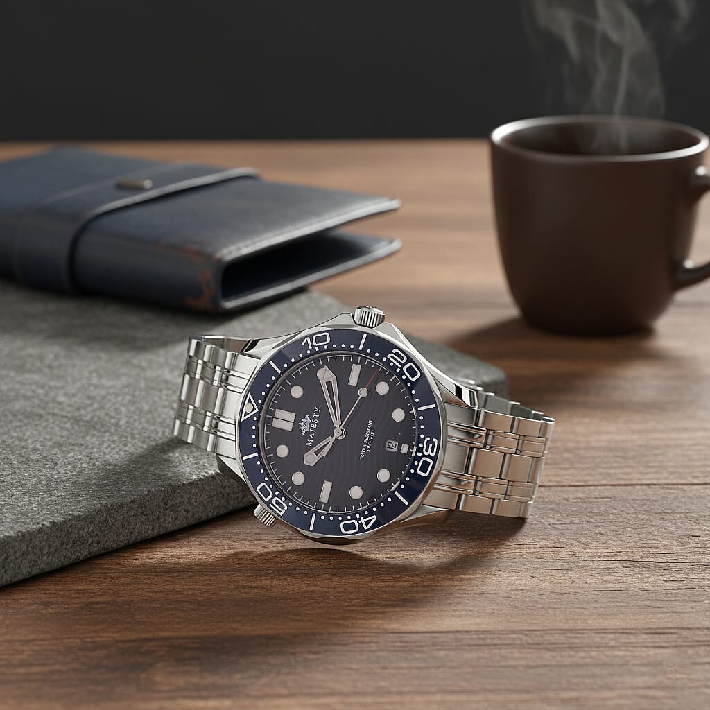 MAJESTY Diver Automatic Mechanical Miyota 8215 5ATM WR Blue Hydraulic Dial - Silver Case Mens Watch with Silver Stainless Steel Strap