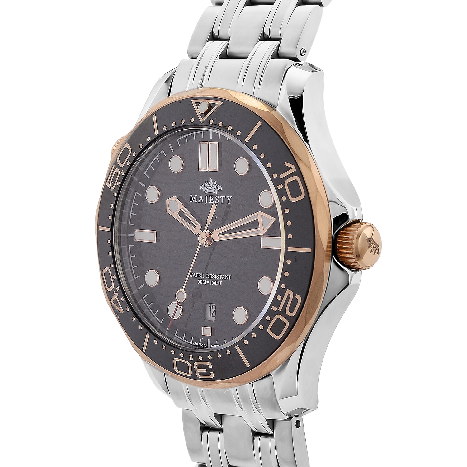 MAJESTY Diver Automatic Mechanical Miyota 8215 5ATM WR Black Hydraulic Dial - Two-Tone Case Mens Watch with Two-Tone Stainless Steel Strap