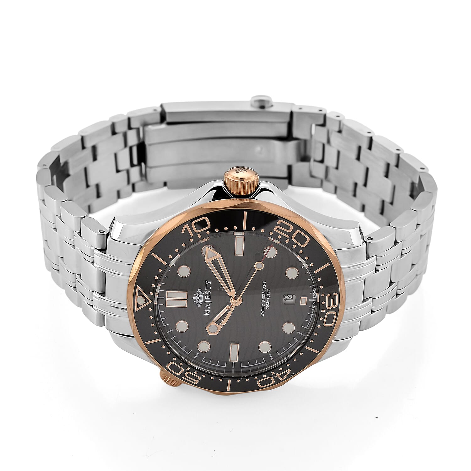 MAJESTY Diver Automatic Mechanical Miyota 8215 5ATM WR Black Hydraulic Dial - Two-Tone Case Mens Watch with Two-Tone Stainless Steel Strap