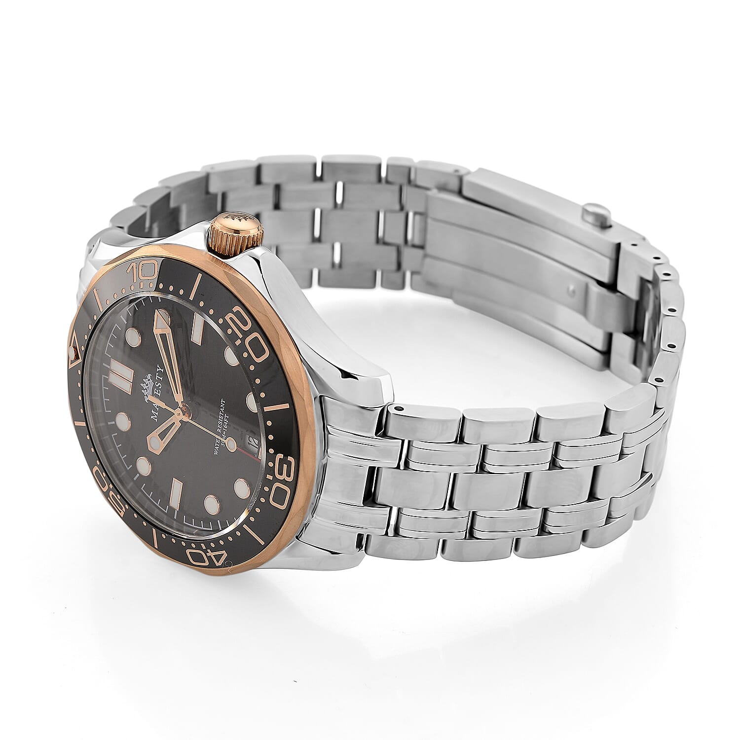 MAJESTY Diver Automatic Mechanical Miyota 8215 5ATM WR Black Hydraulic Dial - Two-Tone Case Mens Watch with Two-Tone Stainless Steel Strap