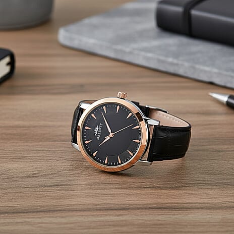 MAJESTY Quartz PC21S 3ATM WR Black Hydraulic Dial - Two-Tone Case Mens Watch with Black PU Strap