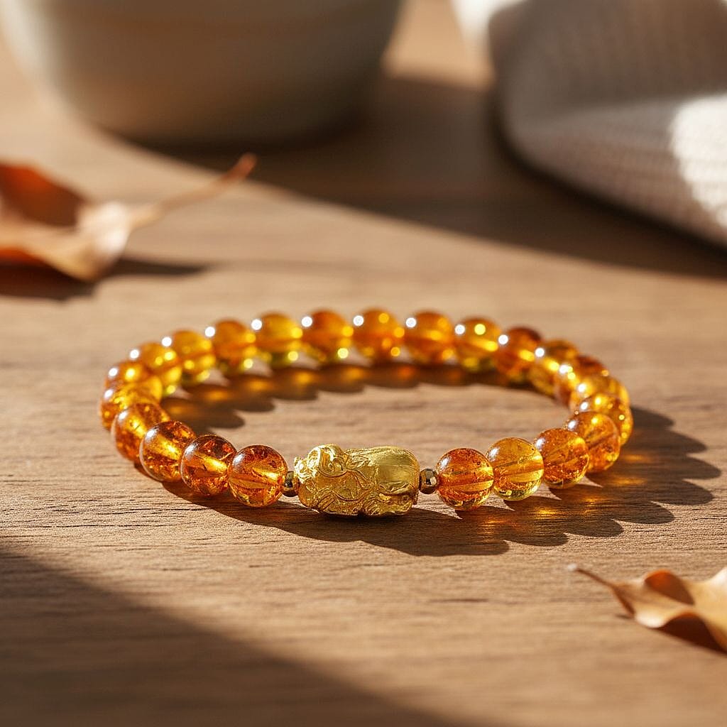 D'Joy Amber Beads Bracelet (Size 7 to 7.5 Stretchable) in Yellow Gold Plated Sterling Silver 28.00 Ct.