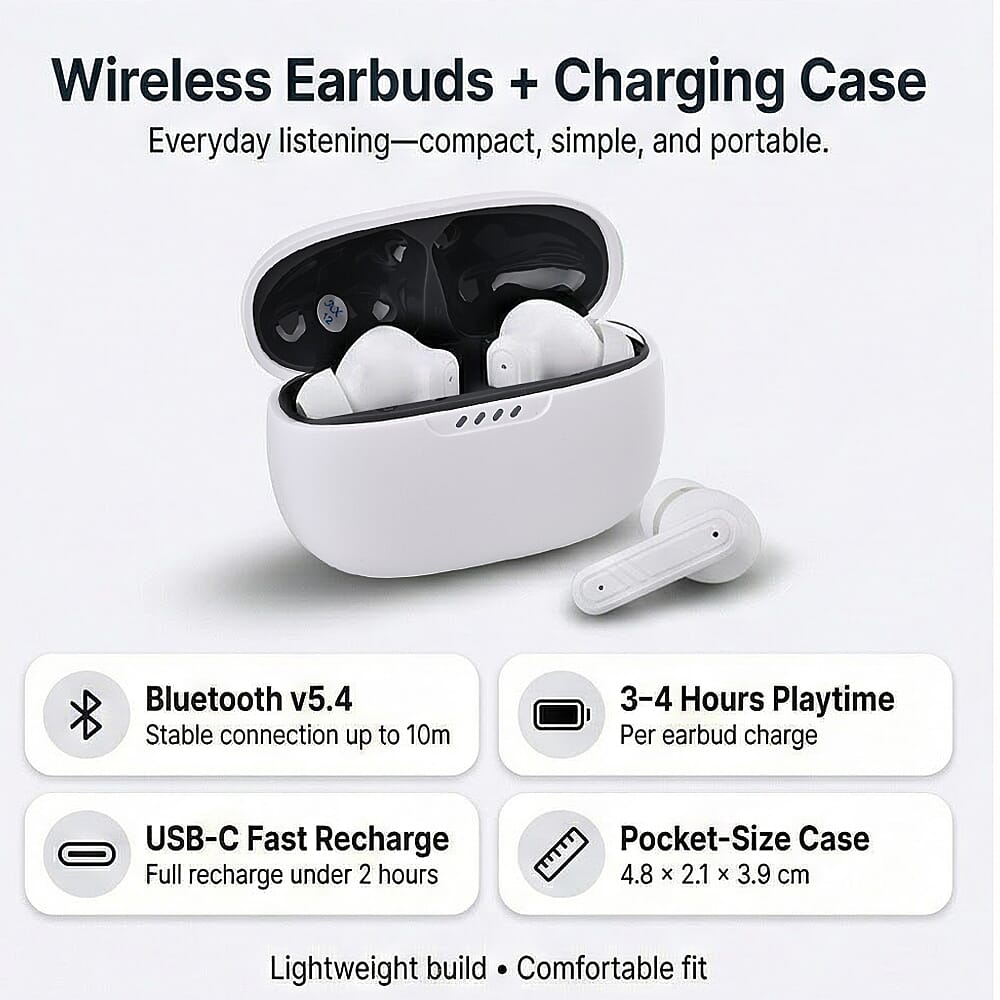 Wireless Earbuds with Charging Case & 3-4 Hour Playtime - White