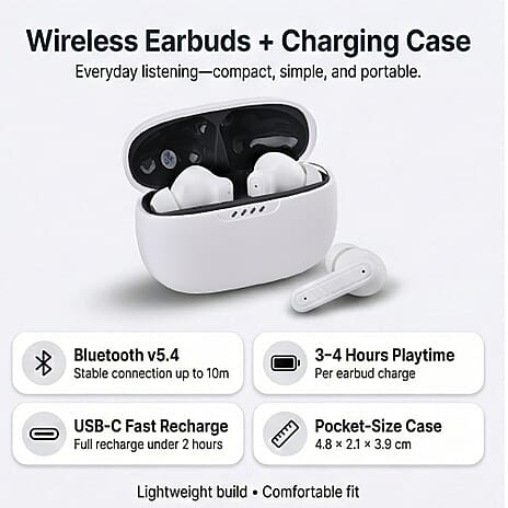 Wireless Earbuds with Charging Case & 3-4 Hour Playtime - White