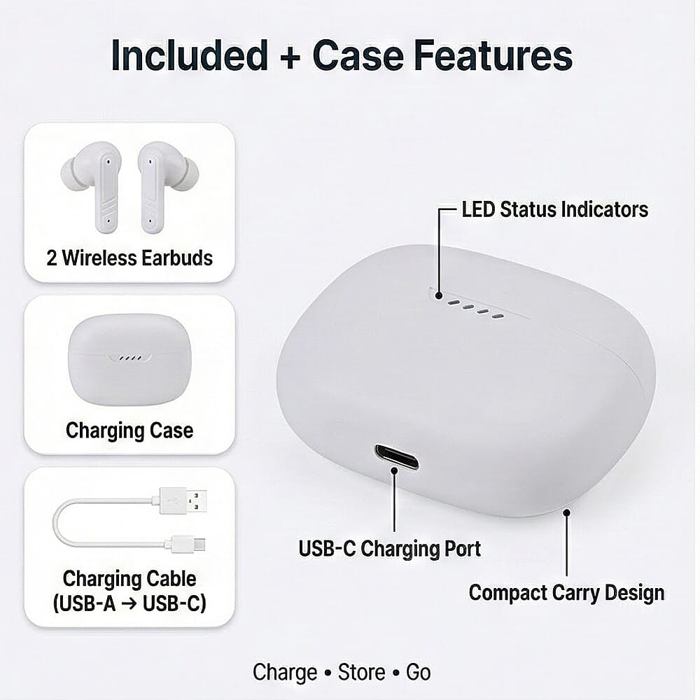 Wireless Earbuds with Charging Case & 3-4 Hour Playtime - White