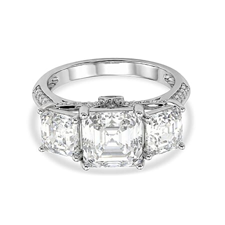 D'Joy Royal Asscher Cut Moissanite Trilogy Ring in Rhodium Overlay Sterling Silver 5.52 Ct.