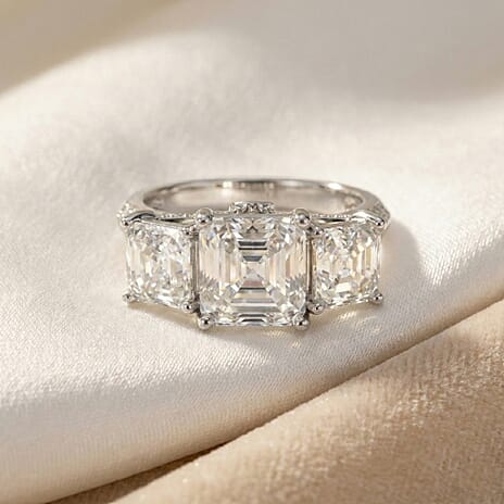 D'Joy Royal Asscher Cut Moissanite Trilogy Ring in Rhodium Overlay Sterling Silver 5.52 Ct.