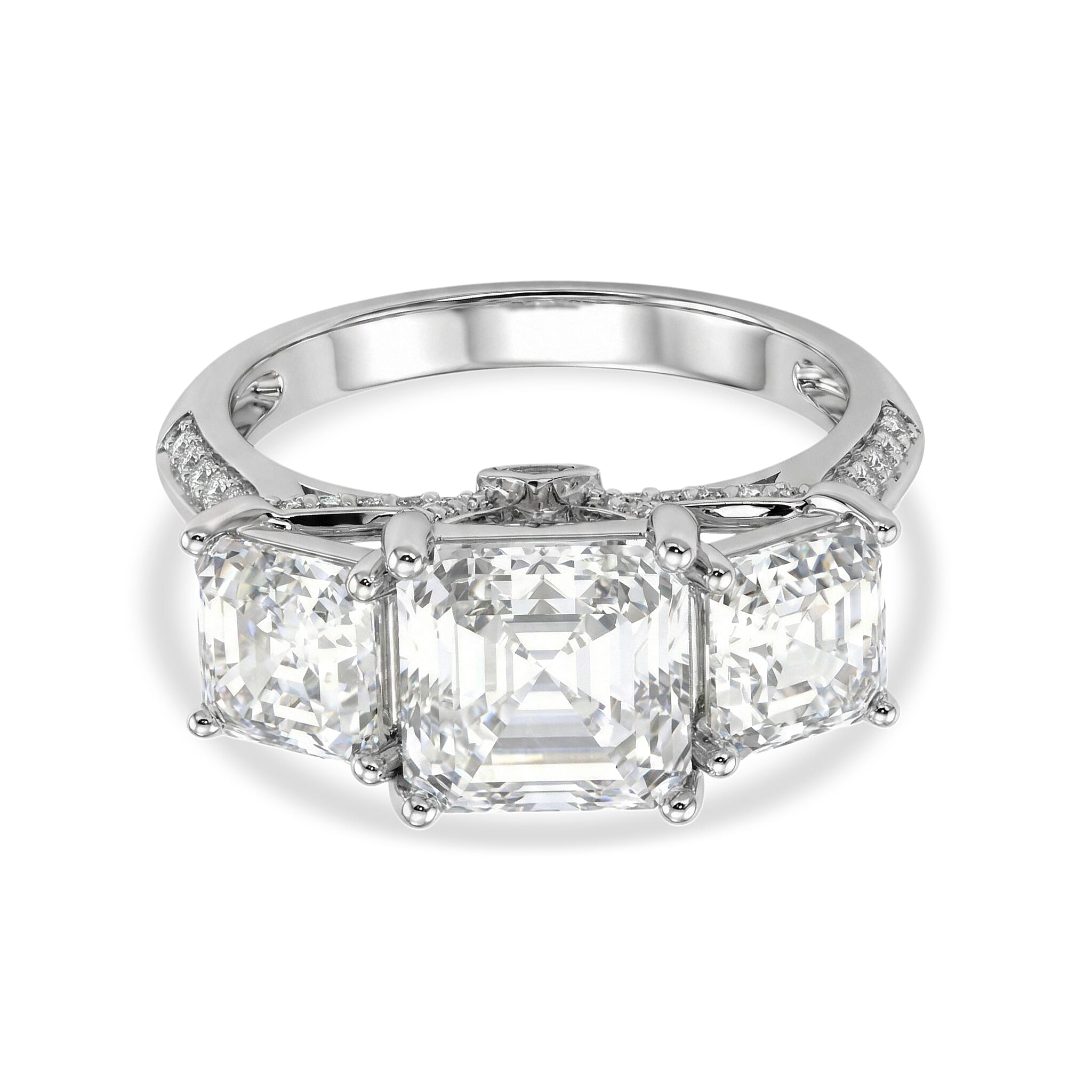 D'Joy - Royal Asscher Cut Moissanite Trilogy Ring in Rhodium Overlay Sterling Silver 5.52 Ct.