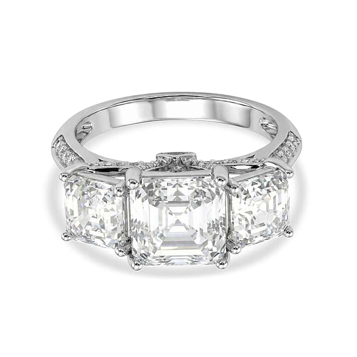 D'Joy - Royal Asscher Cut Moissanite Trilogy Ring in Rhodium Overlay Sterling Silver 5.52 Ct.
