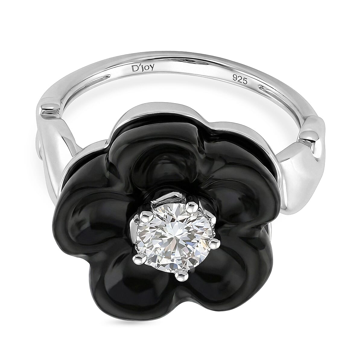D'Joy Dyed Black Jade Flower & Lab Grown Diamond Ring in Rhodium Overlay Sterling Silver 15.50 Ct.