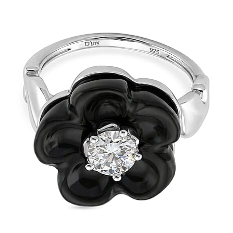 D'Joy Dyed Black Jade Flower & Lab Grown Diamond Ring in Rhodium Overlay Sterling Silver 15.50 Ct.