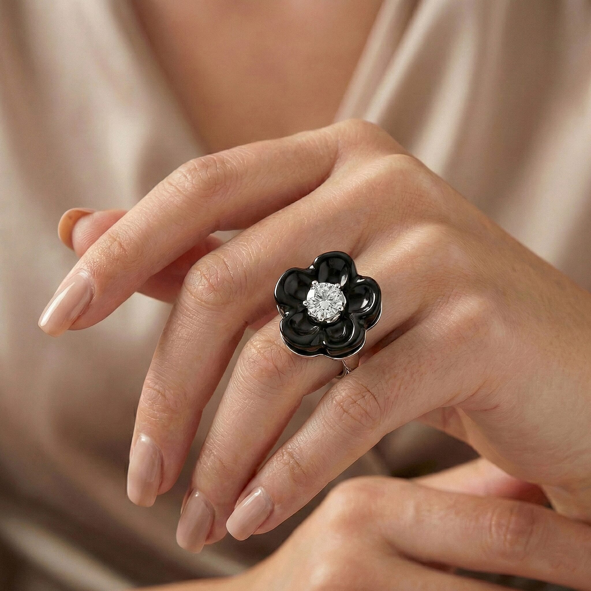 D'Joy Dyed Black Jade Flower & Lab Grown Diamond Ring in Rhodium Overlay Sterling Silver 15.50 Ct.