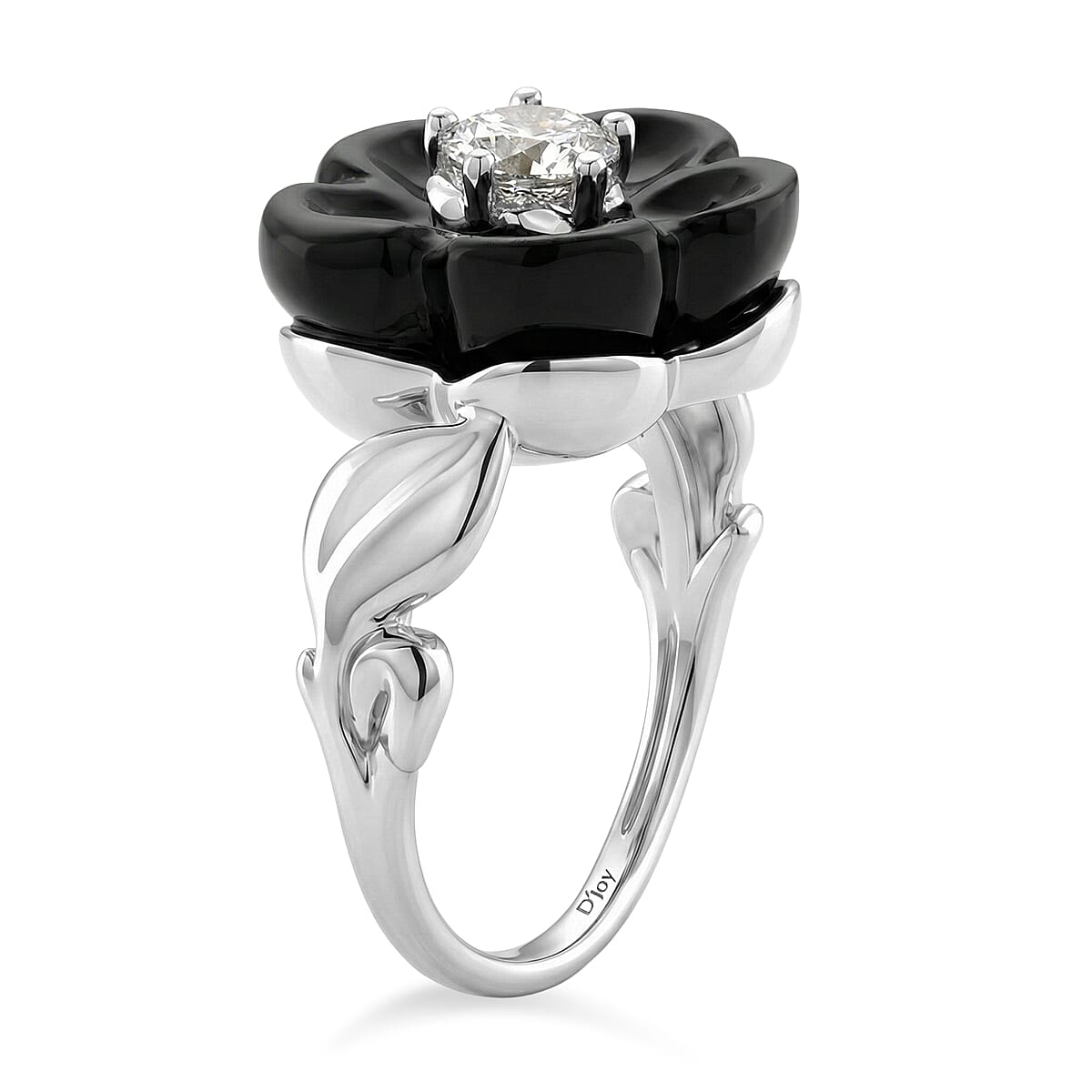 D'Joy Dyed Black Jade Flower & Lab Grown Diamond Ring in Rhodium Overlay Sterling Silver 15.50 Ct.