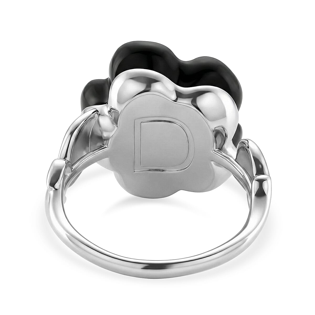 D'Joy Dyed Black Jade Flower & Lab Grown Diamond Ring in Rhodium Overlay Sterling Silver 15.50 Ct.