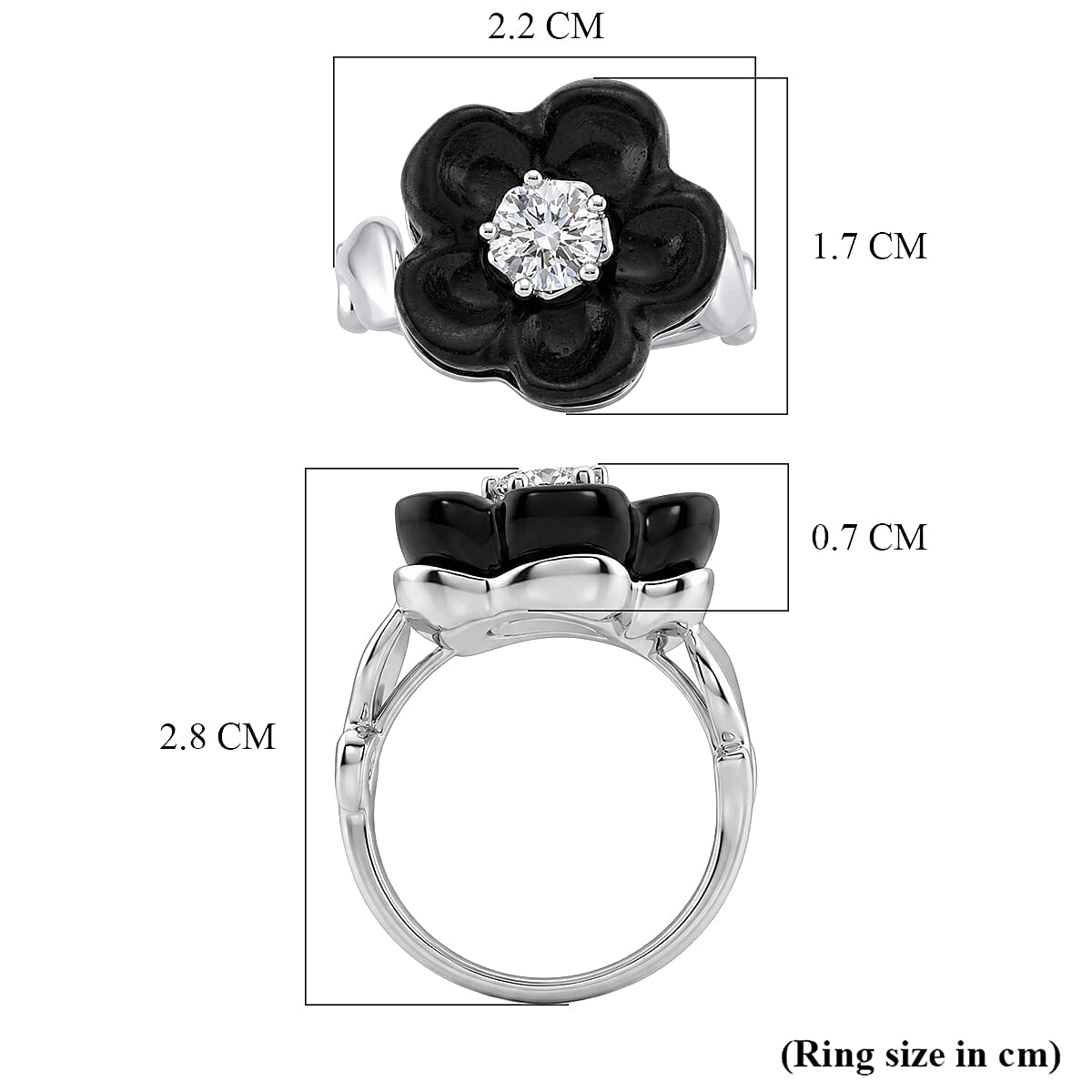 D'Joy Dyed Black Jade Flower & Lab Grown Diamond Ring in Rhodium Overlay Sterling Silver 15.50 Ct.