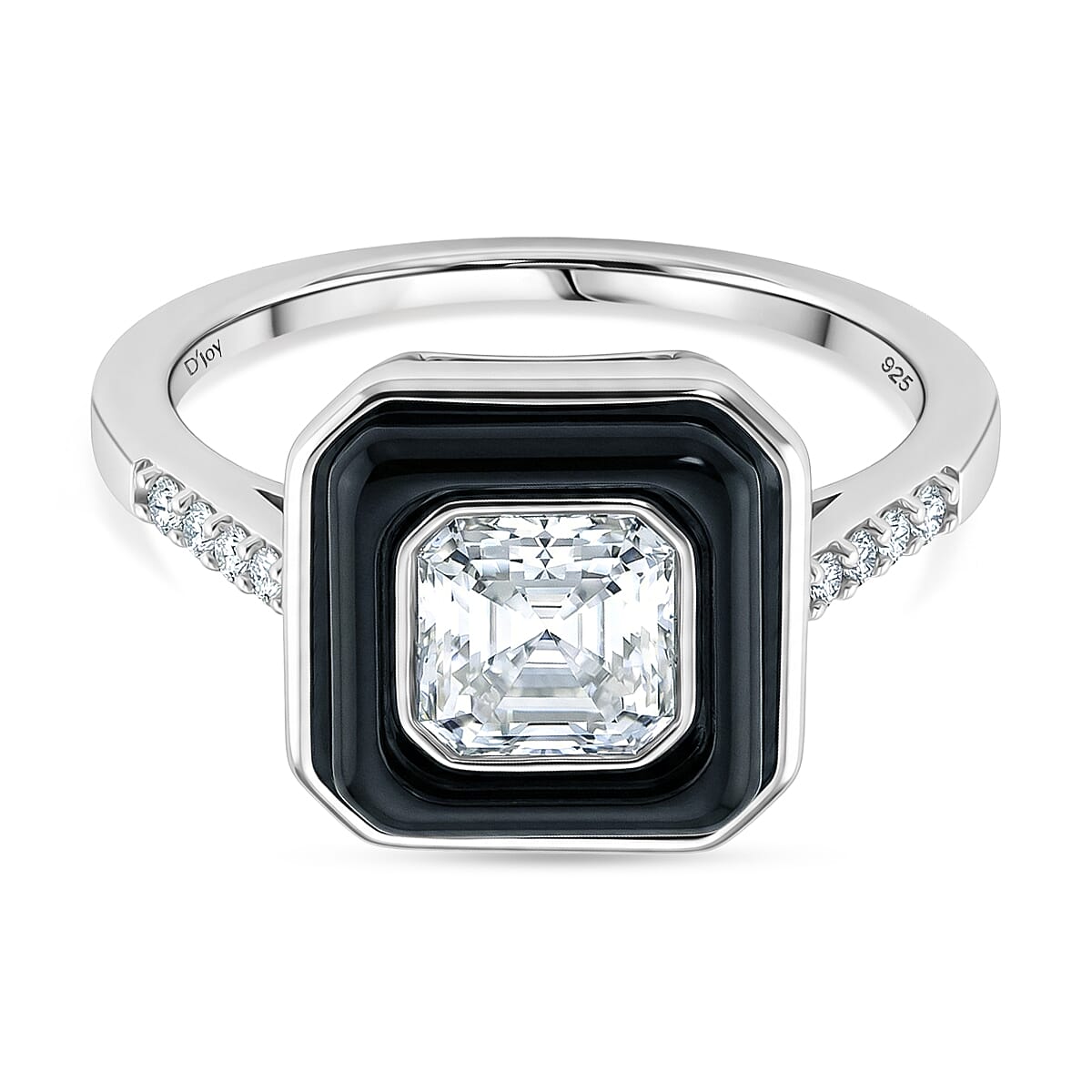 D'Joy Moissanite and Dyed Black Jade Solitaire Ring in Rhodium Overlay Sterling Silver 3.45 Ct.