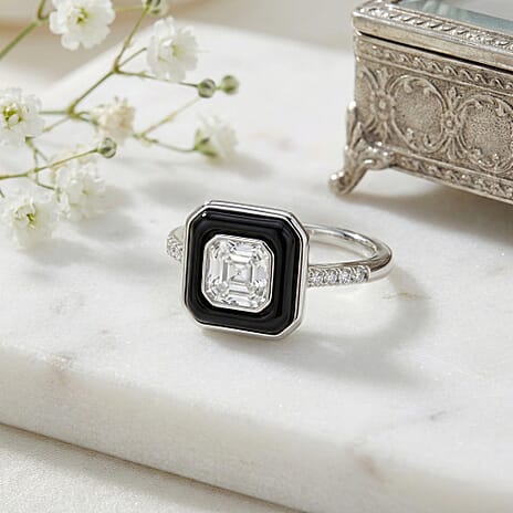 D'Joy Moissanite and Boots Black Jade Solitaire Ring in Rhodium Overlay Sterling Silver 3.45 Ct.