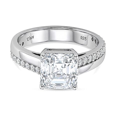 D'Joy Asscher Cut Moissanite Ring in Rhodium Overlay Sterling Silver 3.26 Ct.