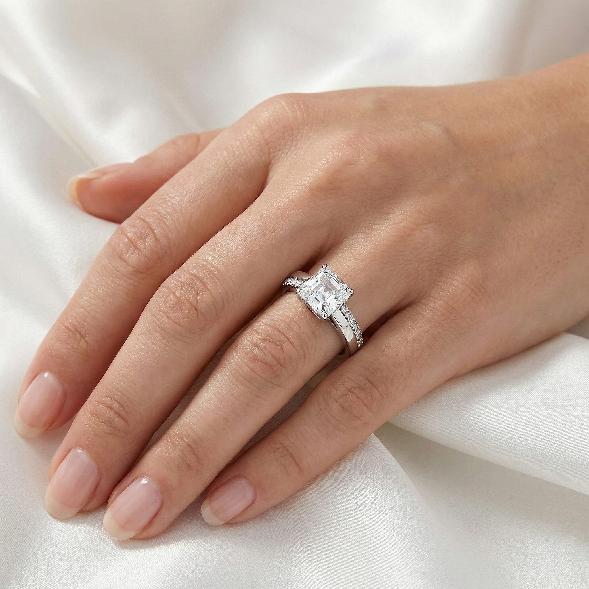 D'Joy Asscher Cut Moissanite Ring in Rhodium Overlay Sterling Silver 3.26 Ct.