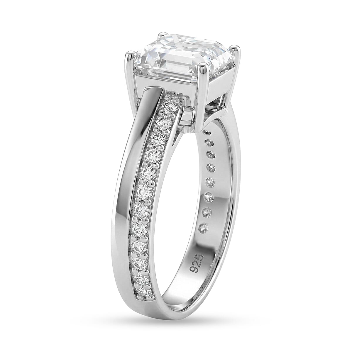 D'Joy Asscher Cut Moissanite Ring in Rhodium Overlay Sterling Silver 3.26 Ct.