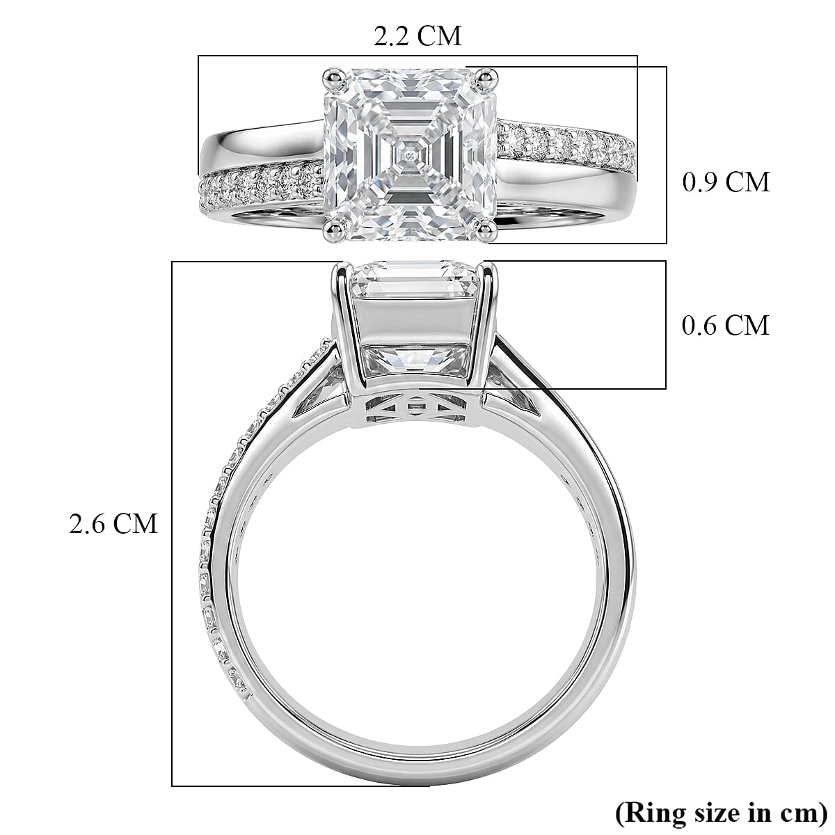 D'Joy Asscher Cut Moissanite Ring in Rhodium Overlay Sterling Silver 3.26 Ct.