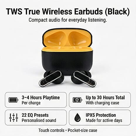 TWS True Wireless Earbuds - 150mAh Charging Case & 3-4 Hour Playtime - Black