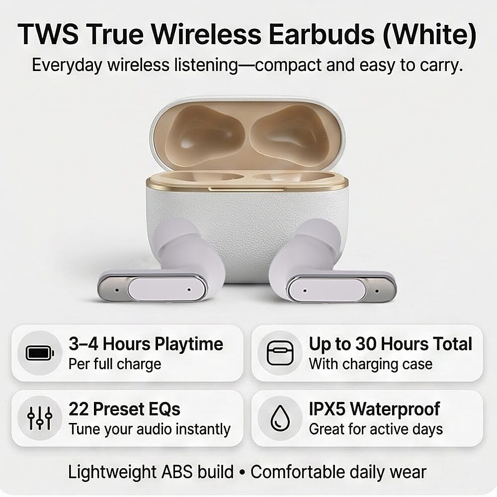 TWS True Wireless Earbuds - 150mAh Charging Case & 3-4 Hour Playtime - White