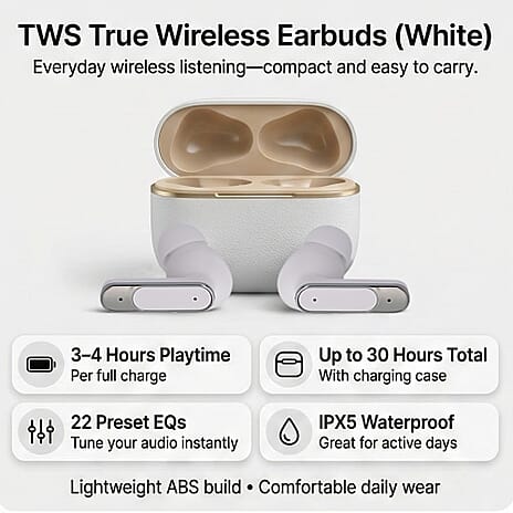 TWS True Wireless Earbuds - 150mAh Charging Case & 3-4 Hour Playtime - White