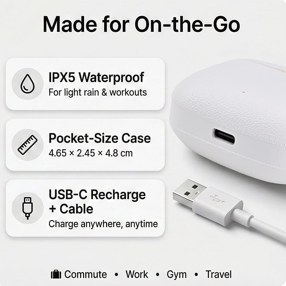 TWS True Wireless Earbuds - 150mAh Charging Case & 3-4 Hour Playtime - White