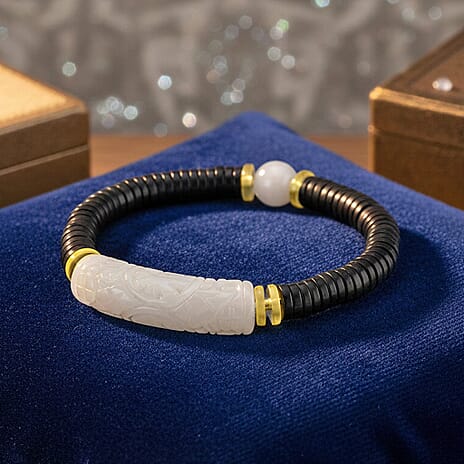 Natural Type A White Jadeite Jade, Amber & Coconut Shell Stone Bracelet 115.00 Ct.