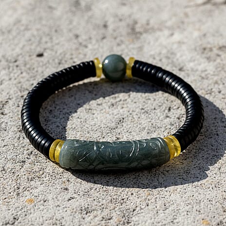 Natural Type A Jadeite Jade, Amber & Coconut Shell Stone Bracelet 115.00 Ct. - Green