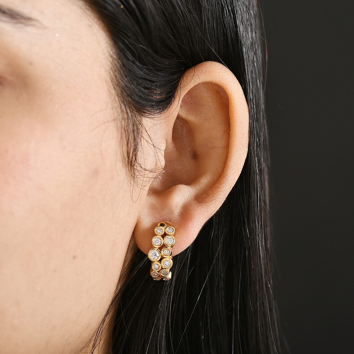 D'Joy Moissanite J Hoop Half Hoop Earring in 18K YG PlatingSterling Silver, Silver Wt.5.5 Gms  1.040  Ct.