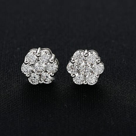 D'Joy Moissanite Floral Earring with Push Back in Rhodium Overlay Sterling Silver