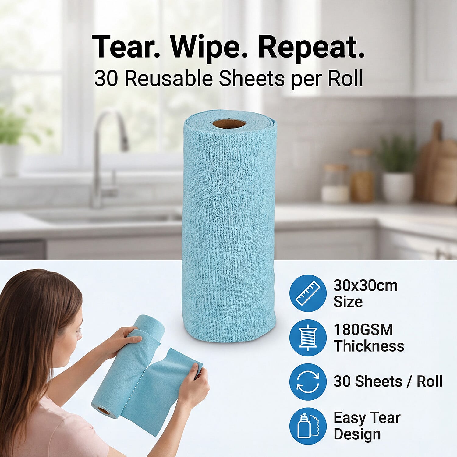 Tear-Away Microfiber Cleaning Cloths on a Roll - 30 Reusable (30 x 30cm) Sheets, Non-Scratch Multi-Surface Towels - Light Green