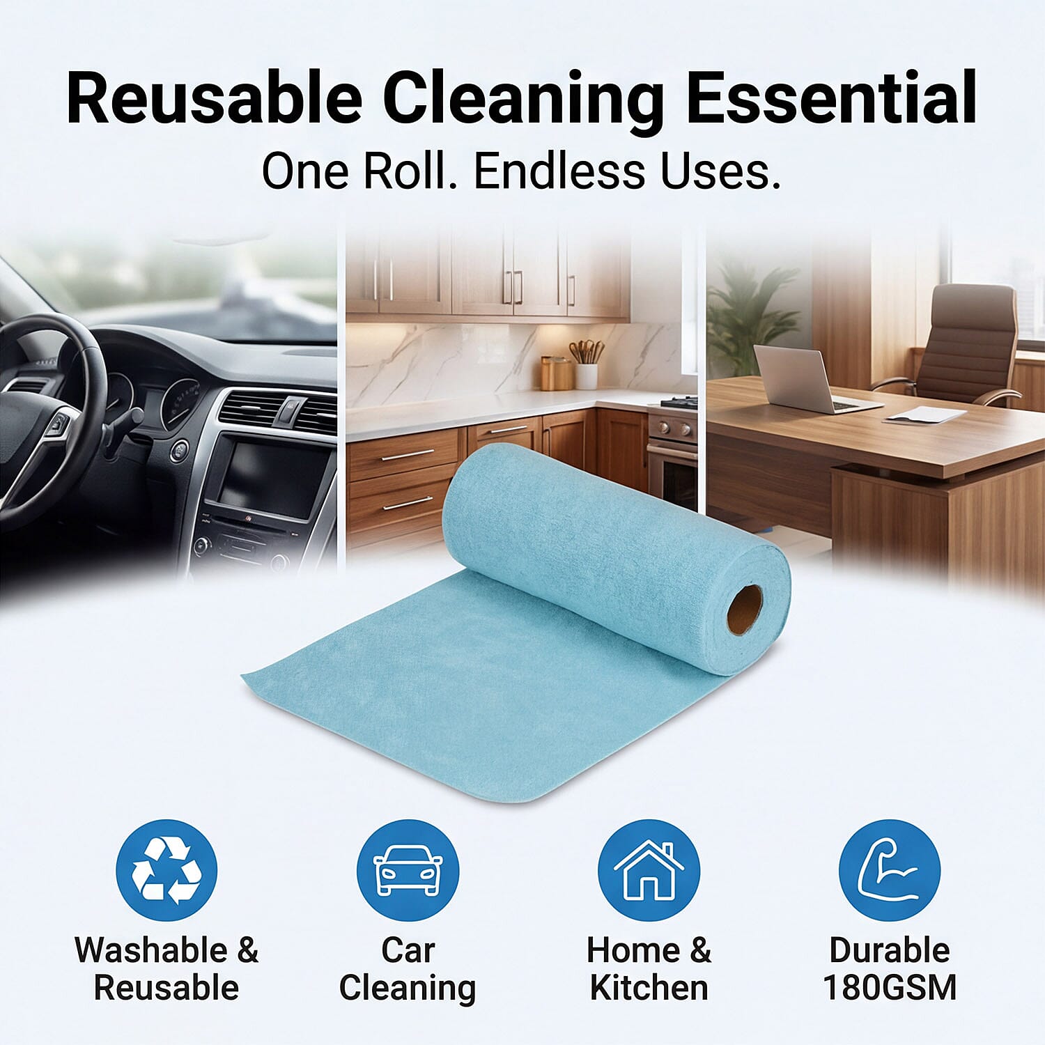 Tear-Away Microfiber Cleaning Cloths on a Roll - 30 Reusable (30 x 30cm) Sheets, Non-Scratch Multi-Surface Towels - Light Green