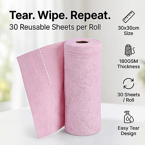 Tear-Away Microfiber Cleaning Cloths on a Roll - 30 Reusable (30 x 30cm) Sheets, Non-Scratch Multi-Surface Towels - Pink