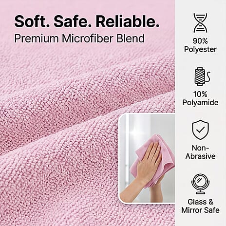 Tear-Away Microfiber Cleaning Cloths on a Roll - 30 Reusable (30 x 30cm) Sheets, Non-Scratch Multi-Surface Towels - Pink