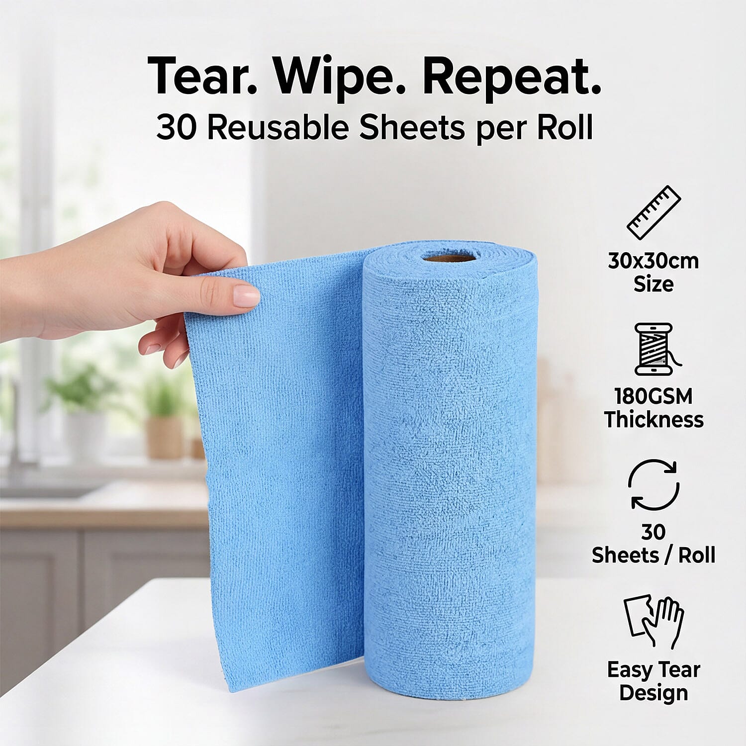 Tear-Away Microfiber Cleaning Cloths on a Roll - 30 Reusable (30 x 30cm) Sheets, Non-Scratch Multi-Surface Towels - Light Blue