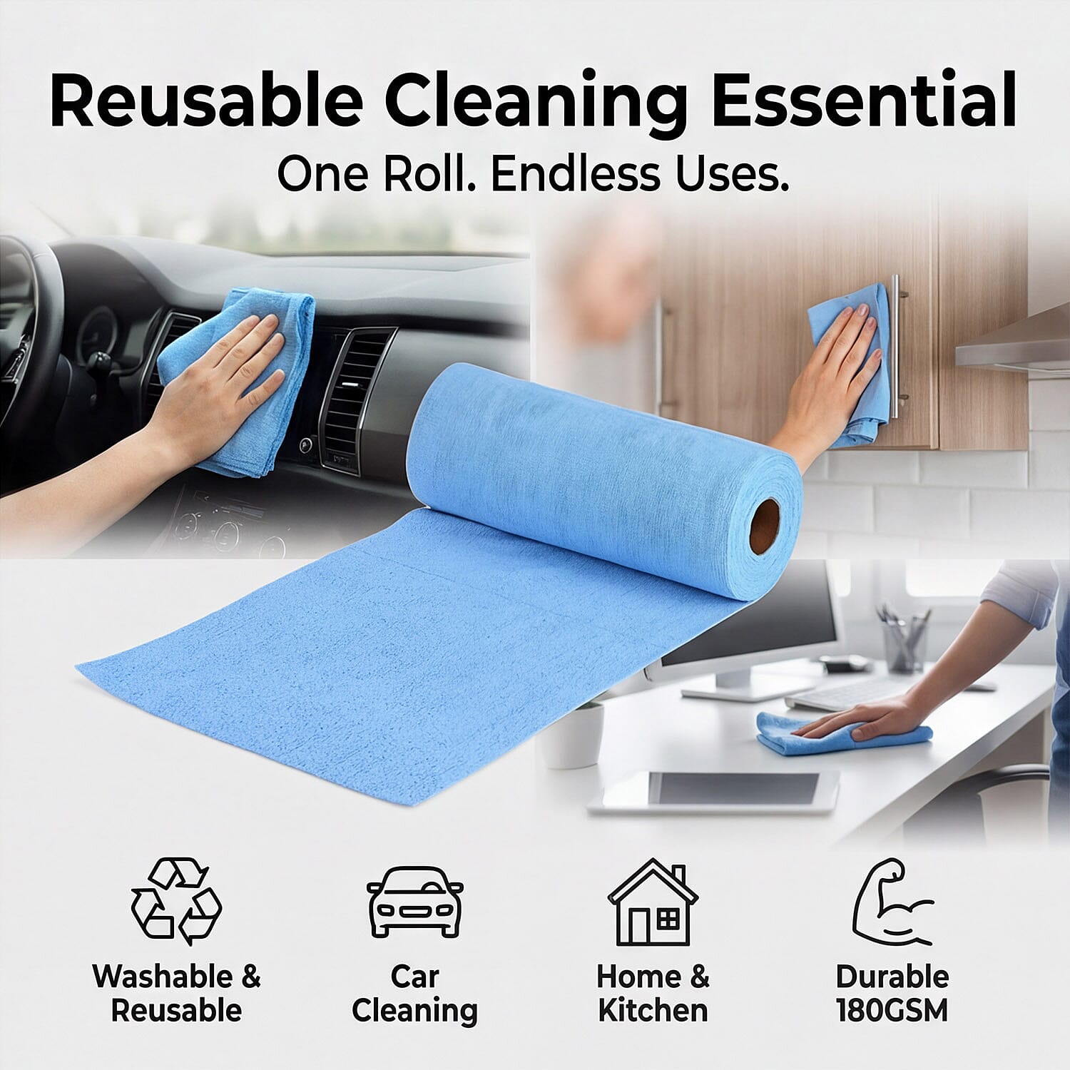 Tear-Away Microfiber Cleaning Cloths on a Roll - 30 Reusable (30 x 30cm) Sheets, Non-Scratch Multi-Surface Towels - Light Blue
