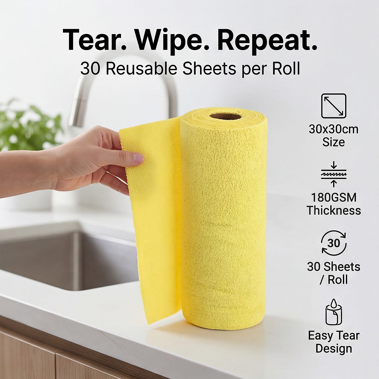 Tear-Away Microfiber Cleaning Cloths on a Roll - 30 Reusable (30 x 30cm) Sheets, Non-Scratch Multi-Surface Towels - Yellow