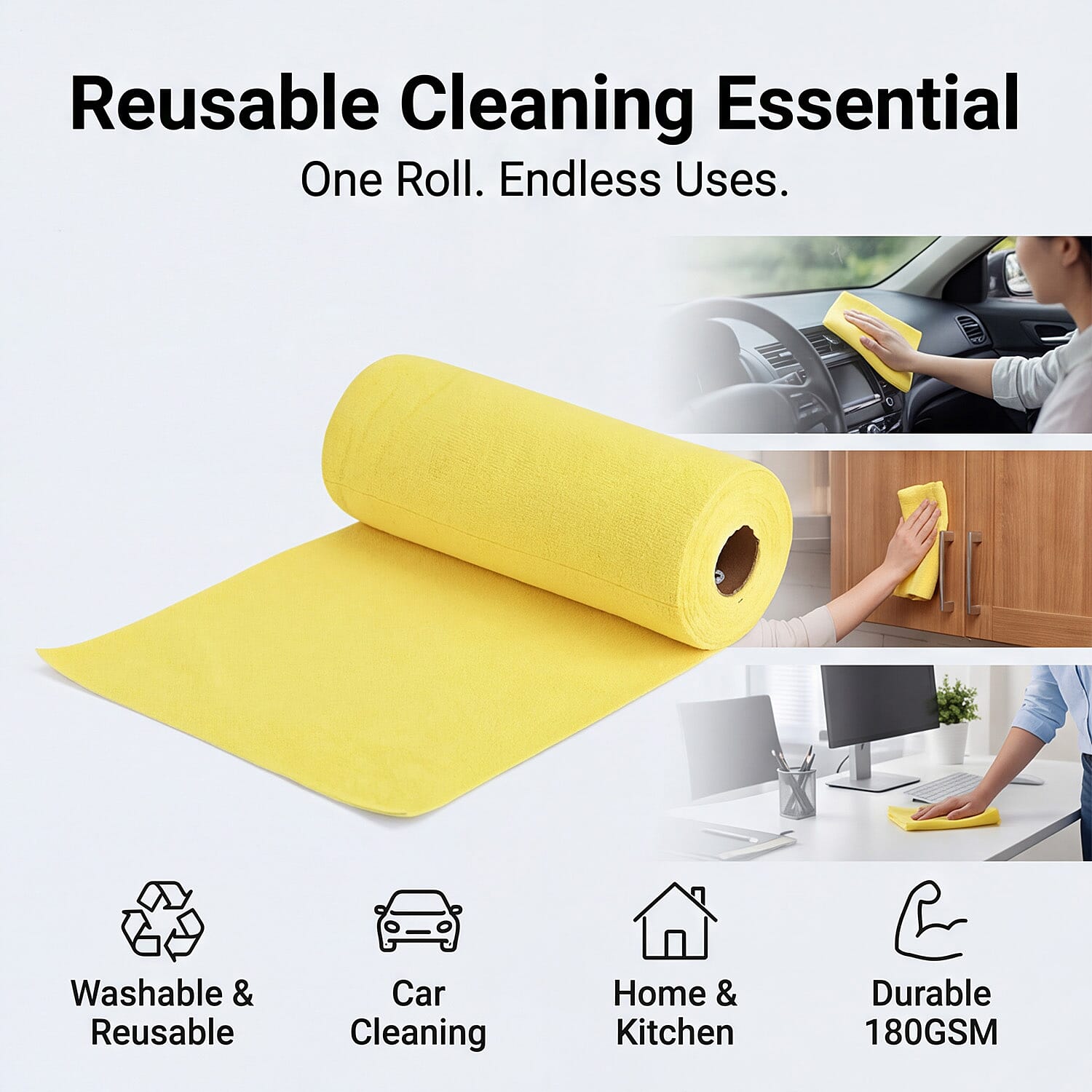 Tear-Away Microfiber Cleaning Cloths on a Roll - 30 Reusable (30 x 30cm) Sheets, Non-Scratch Multi-Surface Towels - Yellow