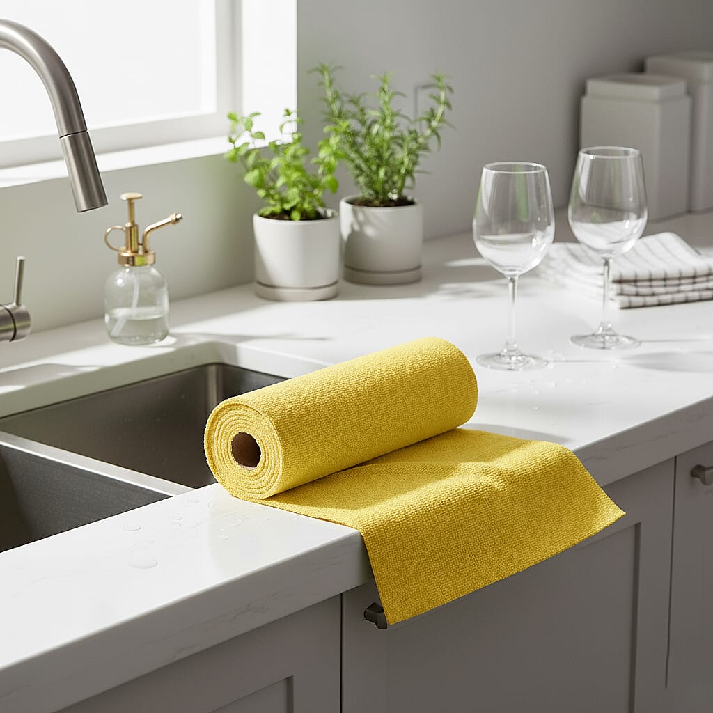 Tear-Away Microfiber Cleaning Cloths on a Roll - 30 Reusable (30 x 30cm) Sheets, Non-Scratch Multi-Surface Towels - Yellow