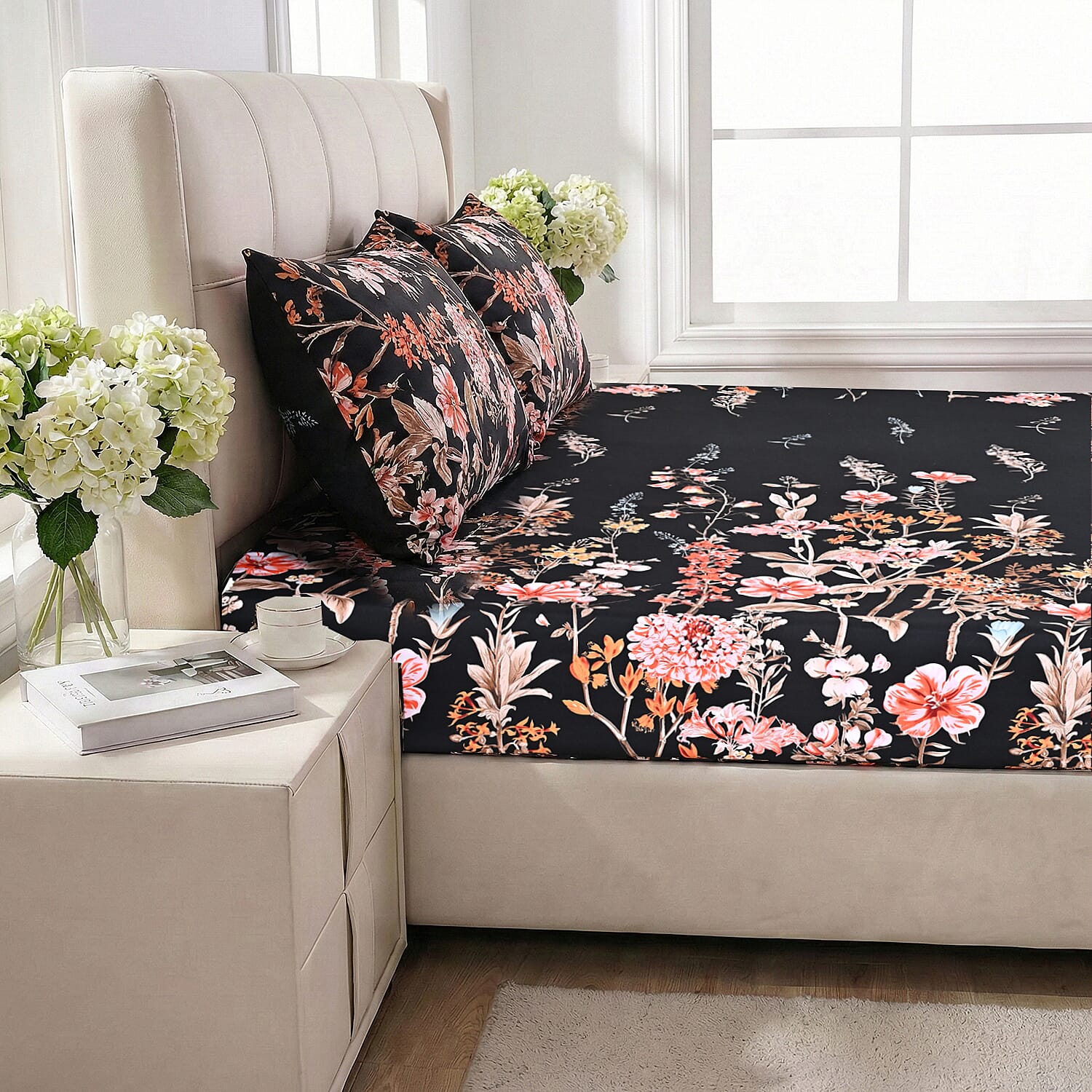 LIVMORE 3-Piece Set - Floral Print Fitted Sheet with Two Matching Pillowcases