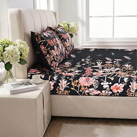 LIVMORE 3-Piece Set - Floral Print Fitted Sheet with Two Matching Pillowcases (Double, 190 x 135cm) - Black